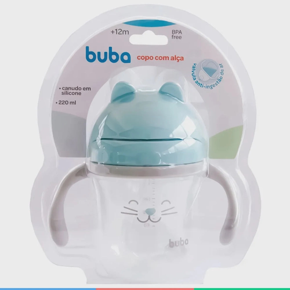 Copo Infantil Com Alça e Canudo de Silicone 220ml (12m+) Buba Gatinho