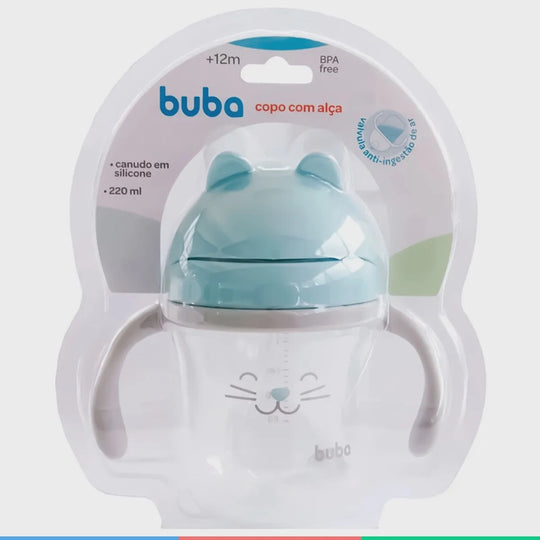 Copo Infantil Com Alça e Canudo de Silicone 220ml (12m+) Buba Gatinho