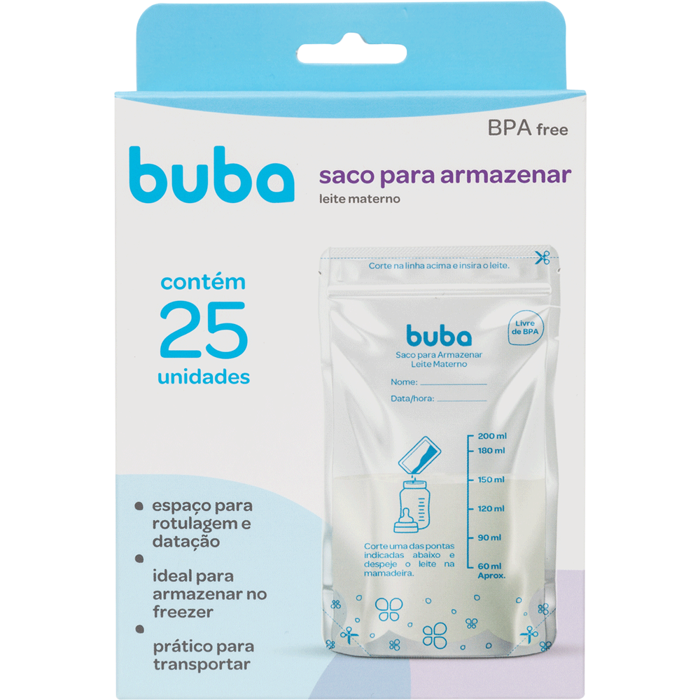 Saco Para Armazenar Leite Materno 200ml Buba 25 unid