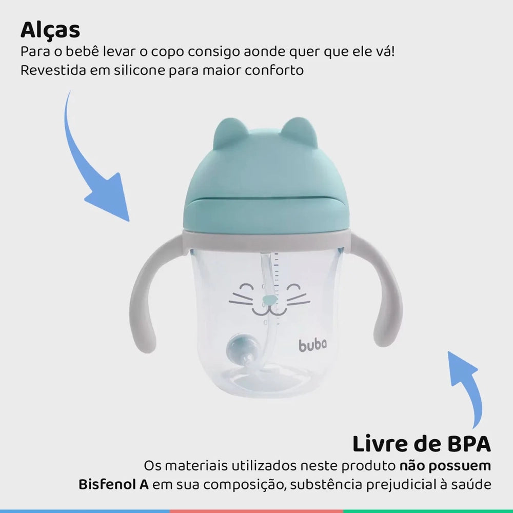 Copo Infantil Com Alça e Canudo de Silicone 220ml (12m+) Buba Gatinho