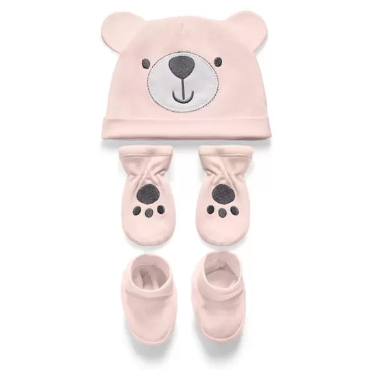 Kit Touca Luva e Sapatinho Ursinho Rosa Hug