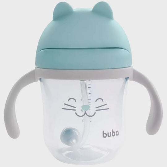Copo Infantil Com Alça e Canudo de Silicone 220ml (12m+) Buba Gatinho