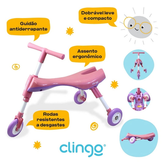 Triciclo Infantil Dobrável Portátil Clingo 12m+ Rosa